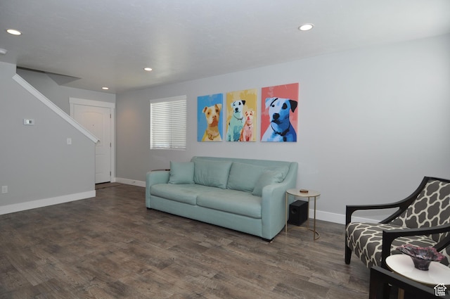 5213 W Courtly Ln, Herriman, UT 84096 - living area featuring recessed lighting, baseboards, wood finished floors, and stairway