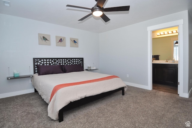 5213 W Courtly Ln, Herriman, UT 84096 - bedroom featuring carpet floors, baseboards, ensuite bath, and a ceiling fan