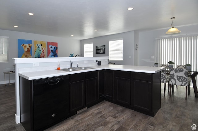 5213 W Courtly Ln, Herriman, UT 84096 - kitchen with black dishwasher, a sink, dark wood finished floors, dark cabinets, and recessed lighting
