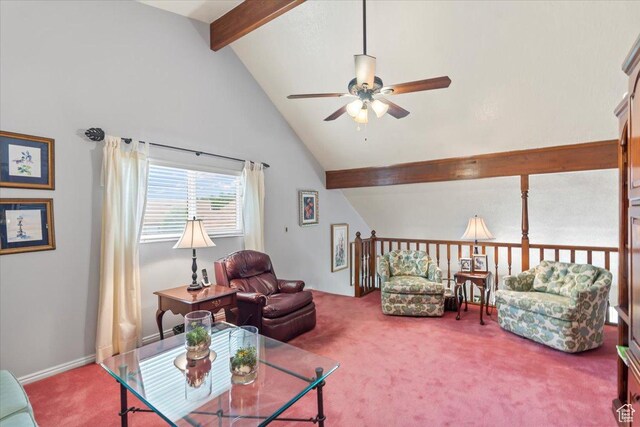 1154 N 700 W, Centerville, UT 84014 - living room featuring a ceiling fan, beam ceiling, carpet flooring, and high vaulted ceiling