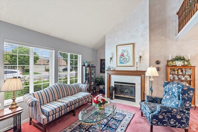 1154 N 700 W, Centerville, UT 84014 - carpeted living area with high vaulted ceiling and a tiled fireplace