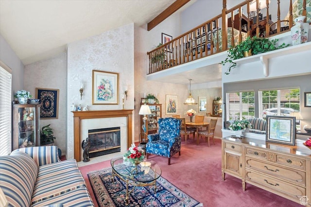 1154 N 700 W, Centerville, UT 84014 - carpeted living room featuring healthy amount of natural light, a tiled fireplace, and high vaulted ceiling