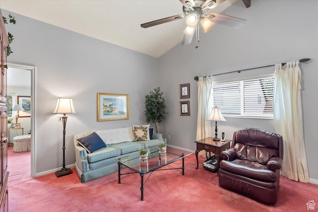 1154 N 700 W, Centerville, UT 84014 - living room featuring carpet flooring, baseboards, ceiling fan, and high vaulted ceiling