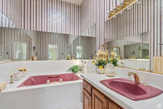 1154 N 700 W, Centerville, UT 84014 - bathroom featuring a towering ceiling, wallpapered walls, a bath, and vanity