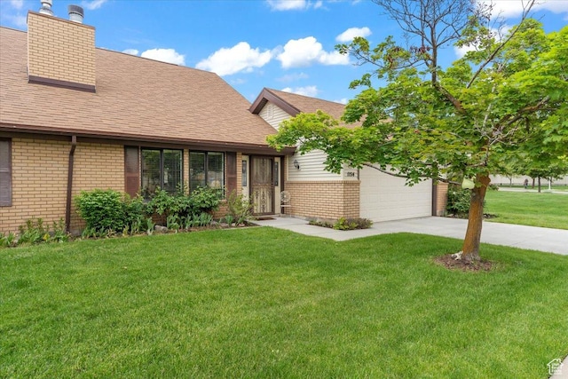 1154 N 700 W, Centerville, UT 84014 - view of front of house with brick siding, driveway, a front lawn, roof with shingles, and a chimney