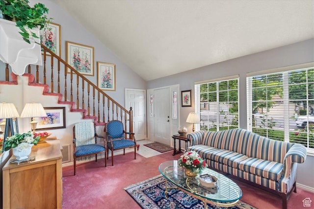 1154 N 700 W, Centerville, UT 84014 - living area featuring carpet flooring, stairs, vaulted ceiling, and baseboards
