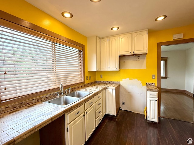 1980 S 600 E, Salt Lake City, UT 84105 - kitchen featuring a sink, dark wood finished floors, white cabinetry, recessed lighting, and tile countertops
