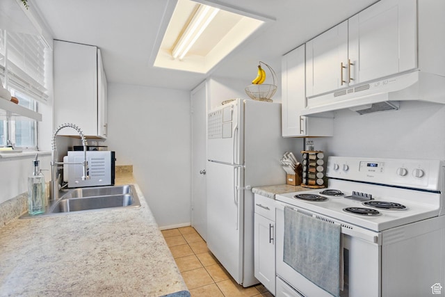8316 S Carmen Ct E, Sandy, UT 84070 - kitchen with white appliances, under cabinet range hood, a sink, white cabinetry, and light tile patterned flooring