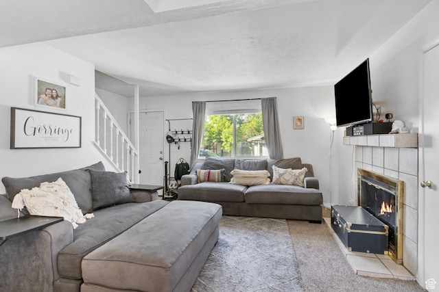 8316 S Carmen Ct E, Sandy, UT 84070 - living area featuring stairway, carpet flooring, and a tile fireplace