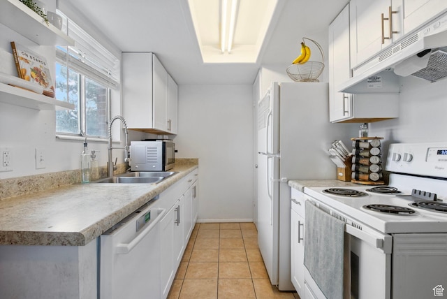 8316 S Carmen Ct E, Sandy, UT 84070 - kitchen with white appliances, under cabinet range hood, a sink, and white cabinets