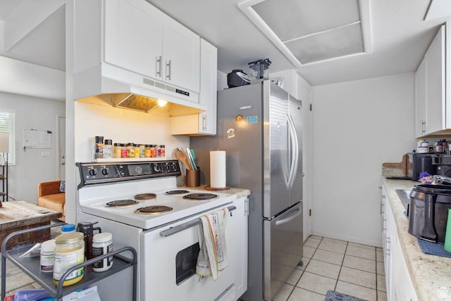 8316 S Carmen Ct E, Sandy, UT 84070 - kitchen with white electric stove, under cabinet range hood, light countertops, white cabinetry, and light tile patterned flooring