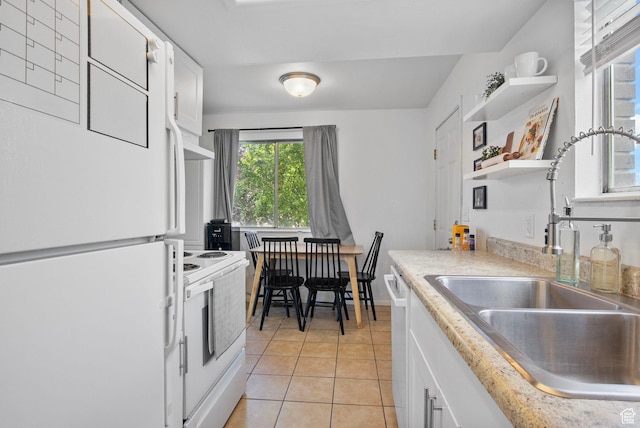 8316 S Carmen Ct E, Sandy, UT 84070 - kitchen with white appliances, a sink, open shelves, light tile patterned flooring, and white cabinetry