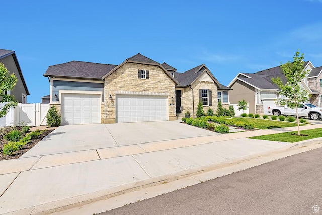 3864 W Safflower Dr, Lehi, UT 84043 - view of front of home featuring stone siding, an attached garage, driveway, and roof with shingles