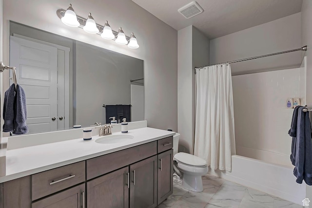 3864 W Safflower Dr, Lehi, UT 84043 - bathroom with marble finish floors, toilet, shower / bath combination with curtain, and vanity