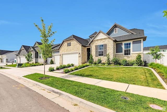 3864 W Safflower Dr, Lehi, UT 84043 - view of front facade featuring stone siding, a residential view, driveway, and a garage