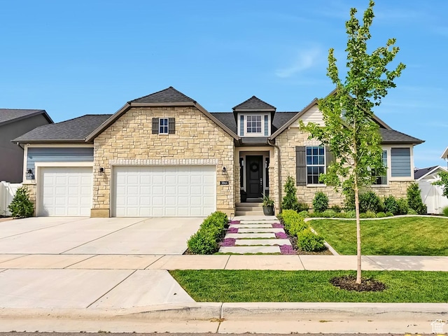 3864 W Safflower Dr, Lehi, UT 84043 - view of front facade with stone siding, concrete driveway, a garage, a shingled roof, and a front lawn