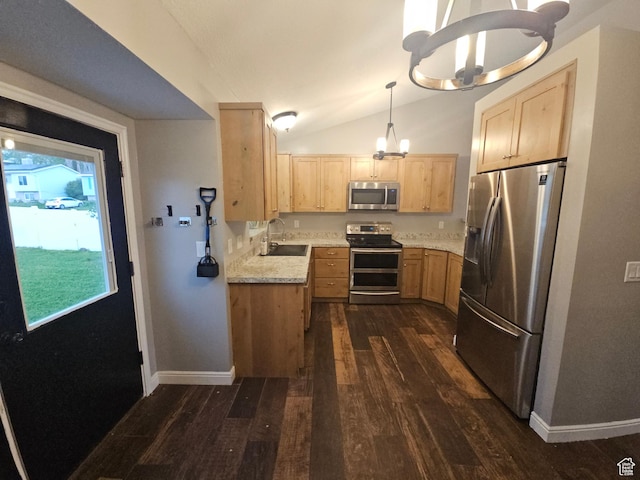 417 W 225 N, Clearfield, UT 84015 - kitchen featuring stainless steel appliances, light brown cabinetry, a sink, dark wood-style flooring, and a chandelier