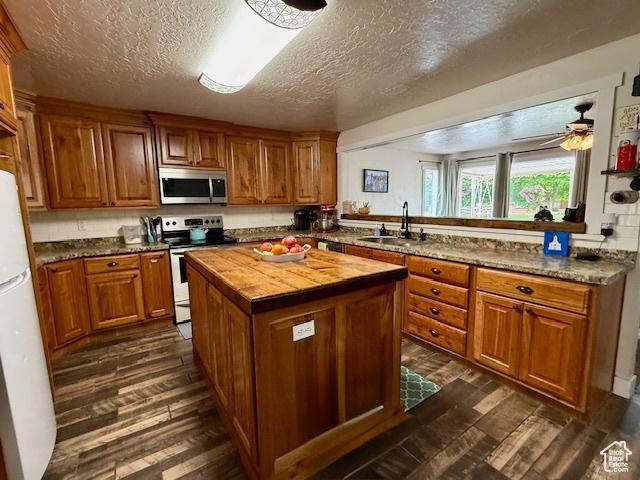 64 S 300 E, Preston, ID 83263 - kitchen with appliances with stainless steel finishes, butcher block countertops, dark wood finished floors, a sink, and a center island