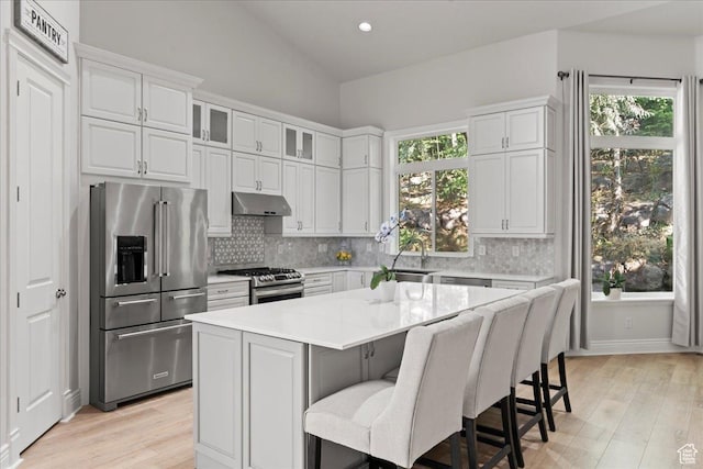 14771 S Brewster Dr, Draper, UT 84020 - kitchen with appliances with stainless steel finishes, under cabinet range hood, decorative backsplash, light countertops, and lofted ceiling