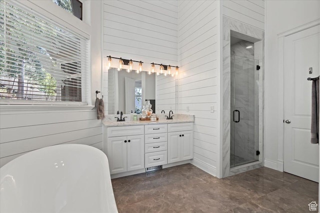 14771 S Brewster Dr, Draper, UT 84020 - bathroom featuring wood walls, a stall shower, a freestanding tub, and double vanity