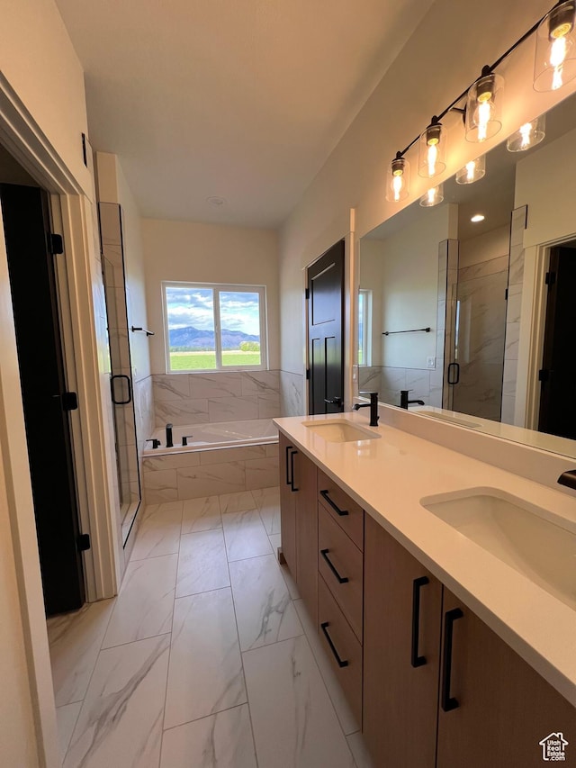 1234 N 4925 W, Plain City, UT 84404 - bathroom featuring marble finish floors, a bath, a shower stall, and double vanity