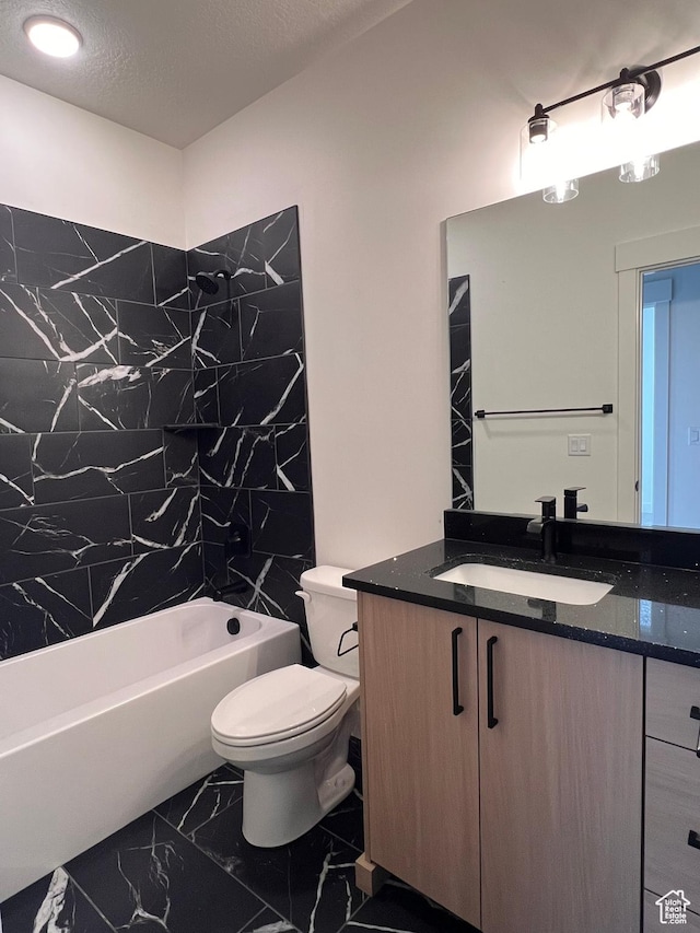 1234 N 4925 W, Plain City, UT 84404 - bathroom featuring marble look tile flooring, toilet, vanity, shower / bath combination, and a textured ceiling