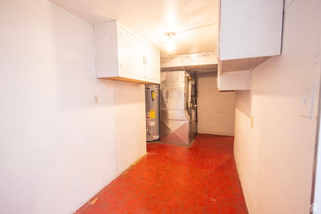 595 W Winchester St, Murray, UT 84123 - unfinished basement with brick patterned floors, water heater, and heating unit