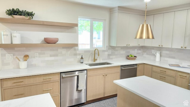 5757 S Surreyrun Rd, Murray, UT 84107 - kitchen with open shelves, dishwasher, a sink, backsplash, and light brown cabinetry
