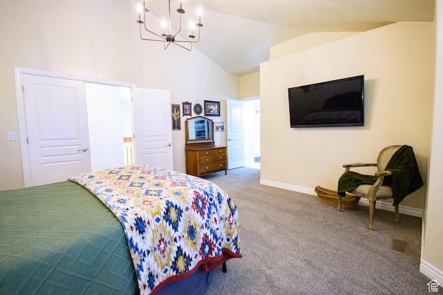 2763 N Hills Dr, Layton, UT 84040 - bedroom with carpet, a chandelier, baseboards, and high vaulted ceiling