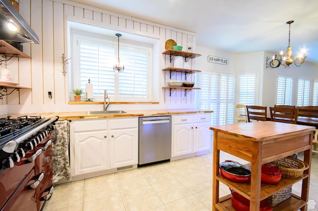 2763 N Hills Dr, Layton, UT 84040 - kitchen with appliances with stainless steel finishes, open shelves, a sink, a chandelier, and range hood