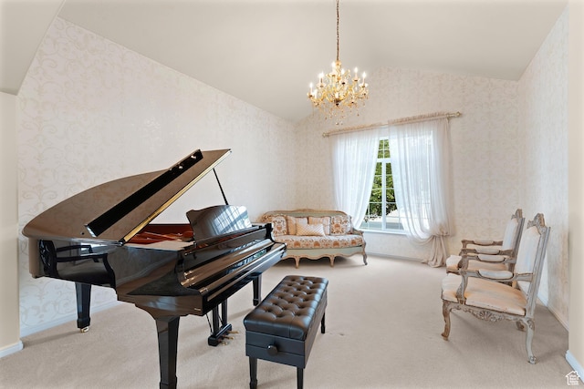 531 W Glendon Way, Pleasant Grove, UT 84062 - living area with wallpapered walls, carpet, a chandelier, lofted ceiling, and baseboards