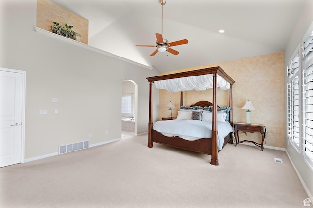 531 W Glendon Way, Pleasant Grove, UT 84062 - bedroom featuring arched walkways, carpet flooring, high vaulted ceiling, baseboards, and ensuite bath