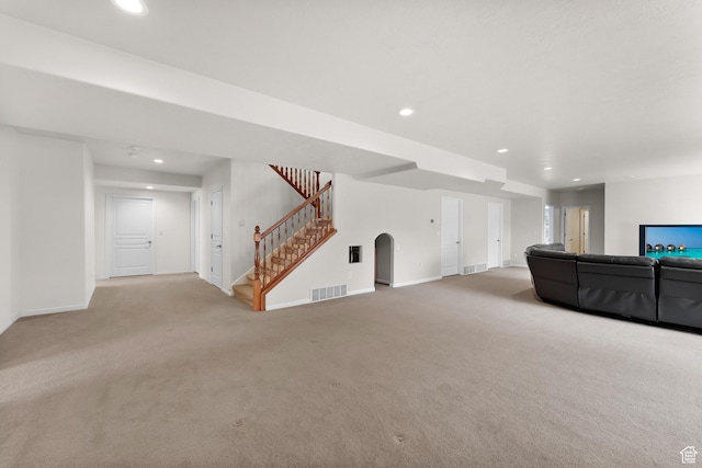 531 W Glendon Way, Pleasant Grove, UT 84062 - unfurnished living room featuring carpet, stairs, baseboards, recessed lighting, and arched walkways
