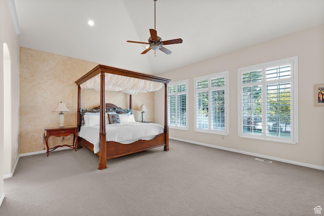 531 W Glendon Way, Pleasant Grove, UT 84062 - bedroom featuring carpet floors, baseboards, vaulted ceiling, a ceiling fan, and recessed lighting