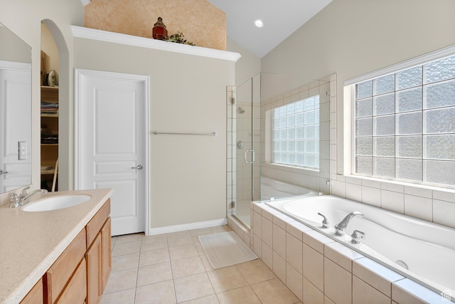 531 W Glendon Way, Pleasant Grove, UT 84062 - full bath featuring a stall shower, a bath, lofted ceiling, tile patterned flooring, and vanity