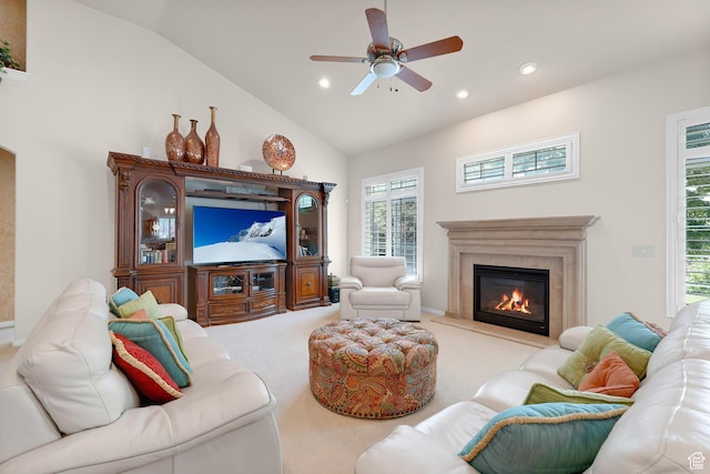 531 W Glendon Way, Pleasant Grove, UT 84062 - living area with vaulted ceiling, carpet, ceiling fan, recessed lighting, and a high end fireplace