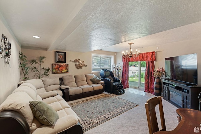1516 N Willow Valley Dr W, Centerville, UT 84014 - living area featuring a chandelier, carpet floors, beamed ceiling, and a textured ceiling