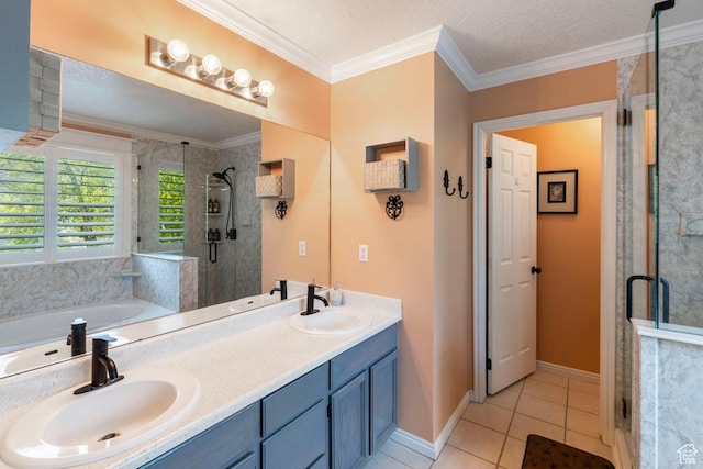 1516 N Willow Valley Dr W, Centerville, UT 84014 - full bath with a shower stall, tile patterned floors, a bath, double vanity, and ornamental molding