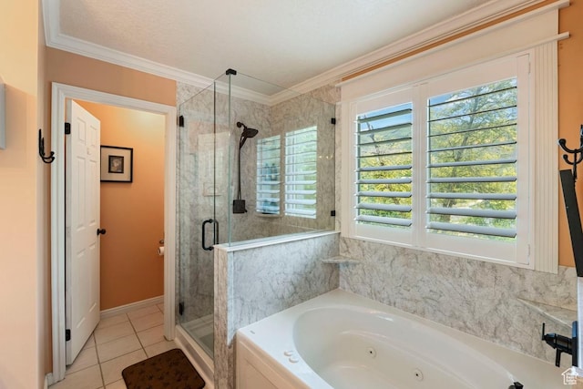 1516 N Willow Valley Dr W, Centerville, UT 84014 - bathroom featuring a stall shower, a jetted tub, tile patterned flooring, and ornamental molding