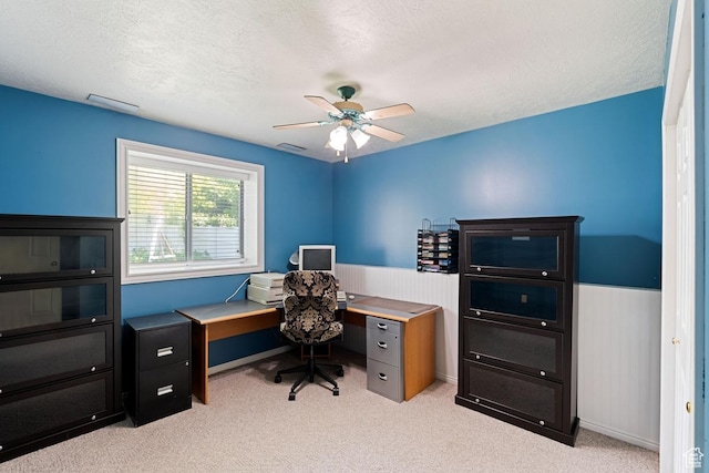1516 N Willow Valley Dr W, Centerville, UT 84014 - office area featuring light carpet, ceiling fan, wainscoting, and a textured ceiling