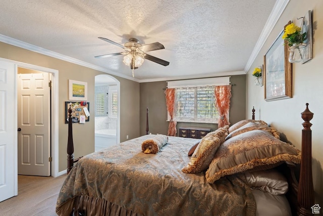 1516 N Willow Valley Dr W, Centerville, UT 84014 - bedroom with light colored carpet, arched walkways, a textured ceiling, crown molding, and connected bathroom