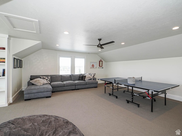 104 S Summer Breeze Ln W, Layton, UT 84041 - game room featuring carpet, ceiling fan, baseboards, lofted ceiling, and recessed lighting