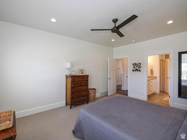 104 S Summer Breeze Ln W, Layton, UT 84041 - bedroom with baseboards, recessed lighting, a ceiling fan, ensuite bath, and light carpet