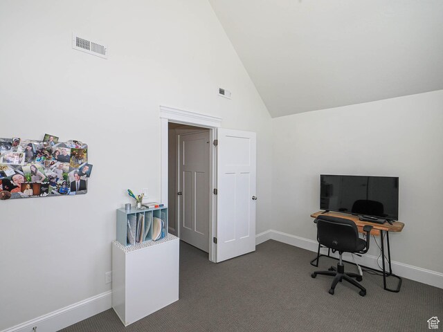 104 S Summer Breeze Ln W, Layton, UT 84041 - home office featuring dark carpet, high vaulted ceiling, and baseboards