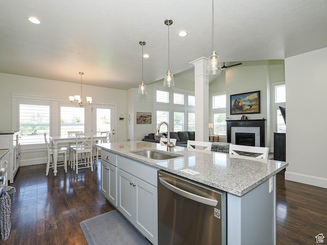 104 S Summer Breeze Ln W, Layton, UT 84041 - kitchen with dishwasher, a sink, baseboards, a chandelier, and dark wood-type flooring