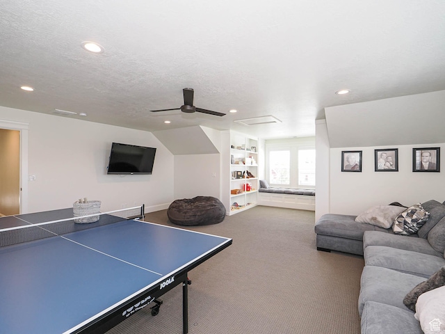 104 S Summer Breeze Ln W, Layton, UT 84041 - recreation room featuring recessed lighting, carpet, a ceiling fan, and built in shelves