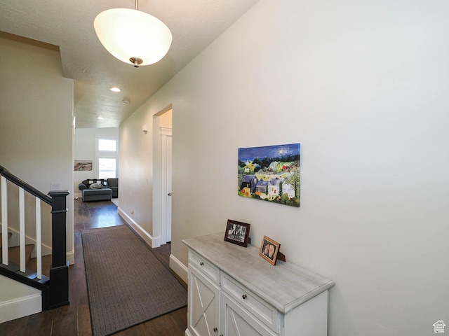 104 S Summer Breeze Ln W, Layton, UT 84041 - hall featuring dark wood-style flooring, baseboards, stairway, and recessed lighting