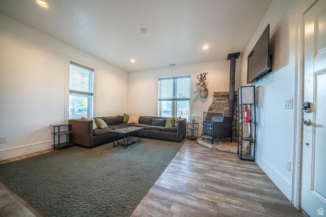 59 E 300 N, Ephraim, UT 84627 - living room featuring a wood stove, wood finished floors, plenty of natural light, recessed lighting, and baseboards