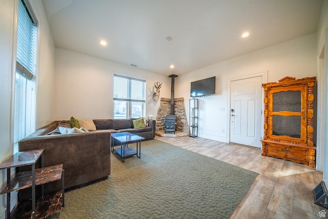 59 E 300 N, Ephraim, UT 84627 - living room with a wood stove, wood finished floors, and recessed lighting