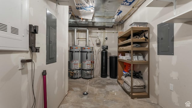 14708 S Woods Landing Ct E, Draper, UT 84020 - unfinished basement featuring water heater, electric panel, a water softener system, and strapped water heater